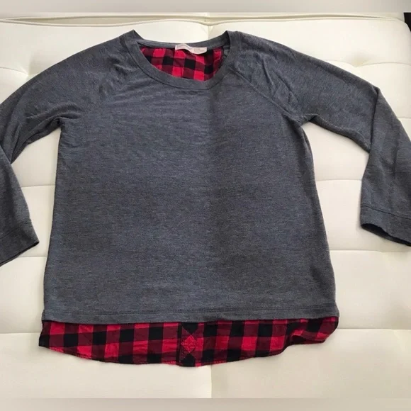 Faded Glory Women’s Gray Long Sleeve Top Tee with Plaid Hem Layered Look Size L - Picture 2 of 8